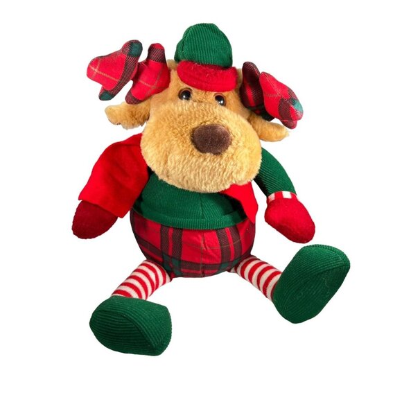 VTG 1995 Avon Reindeer Moose Plush Plaid Antlers Scarf Hat Stripped Stockings - Picture 1 of 9